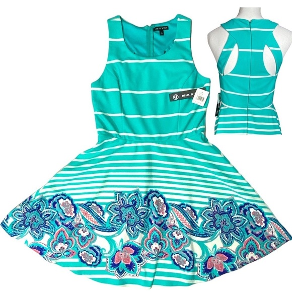 As U Wish Cut Out Skater Dress Mini Flare Stripe Floral White Teal Junior Large - Picture 1 of 16